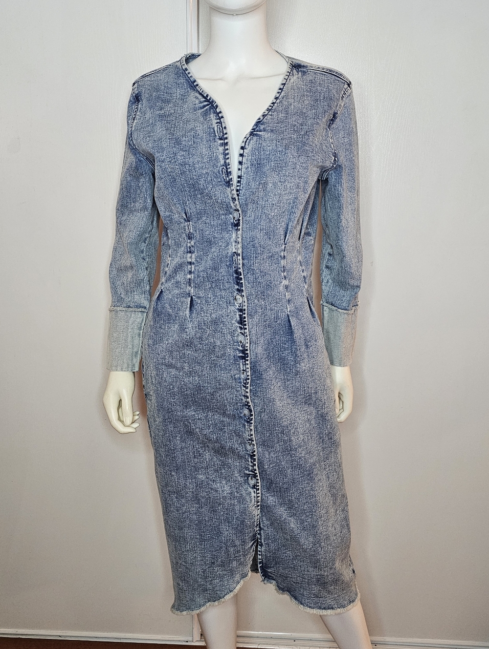 VTG Wash Lab Denim-Effect Long Sleeve Midi Dress - Hannah Blue Size M 96% Cotton